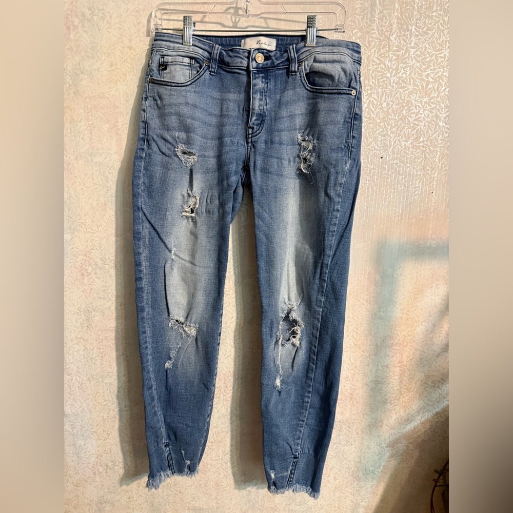 KanCan Kaden Distressed High-Rise Skinny Boyfriend Jeans With Fringed Hem.